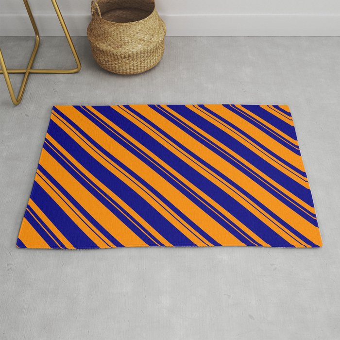 Dark Orange & Blue Colored Lined/Striped Pattern Rug