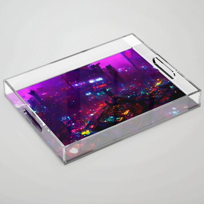 Postcards from the Future - Cyberpunk Cityscape Acrylic Tray