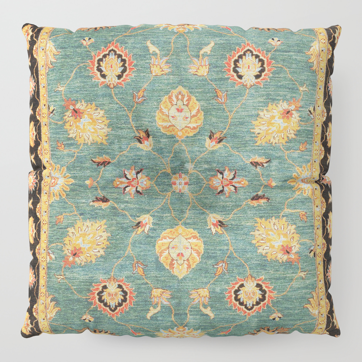 Oushak Antique Gold Teal Turkish Rug Print Floor Pillow By