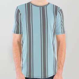 [ Thumbnail: Light Blue & Dim Grey Colored Stripes/Lines Pattern All Over Graphic Tee ]