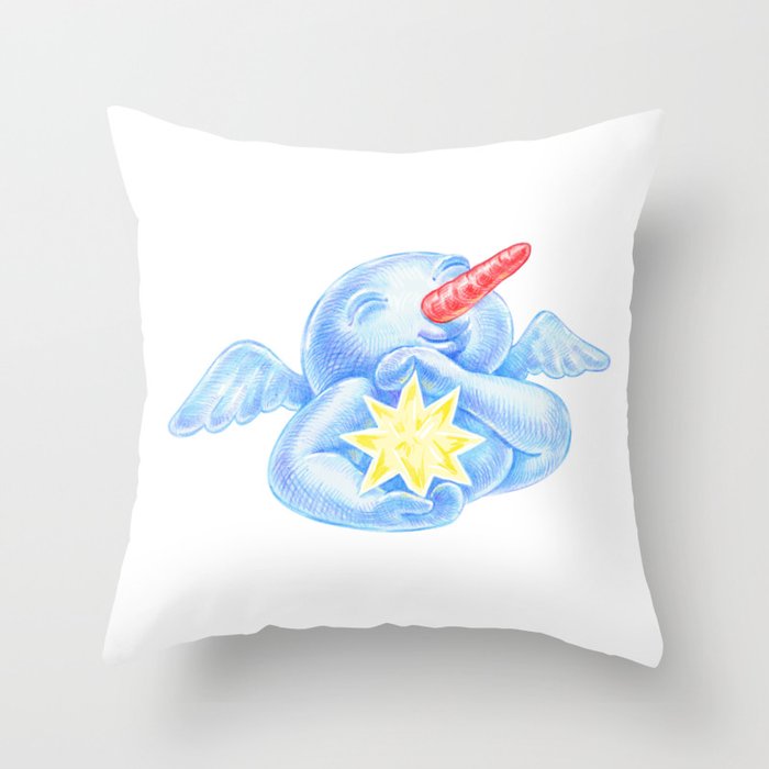 Pencil illustration of a cute smiling snowman with angel wings and the Bethlehem Christmas star in his hands Throw Pillow