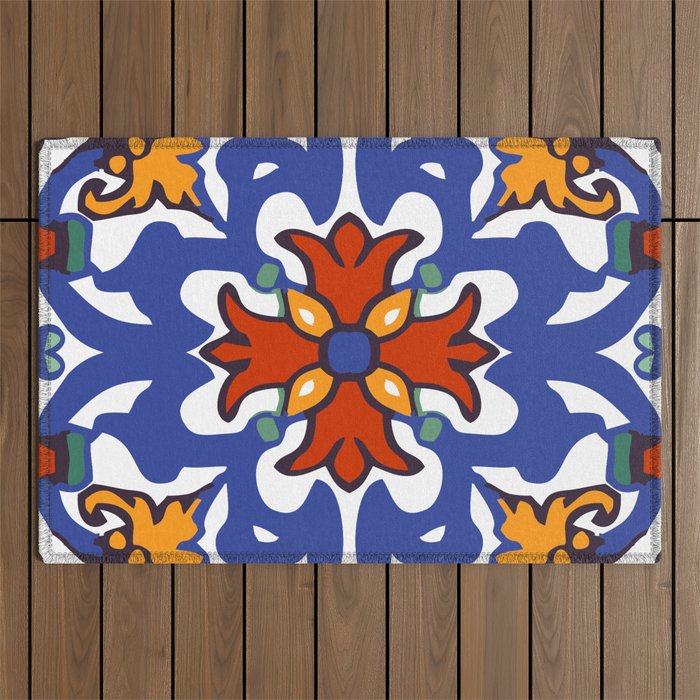 Talavera Mexican tile inspired bold design in blue, green, red, orange Outdoor Rug