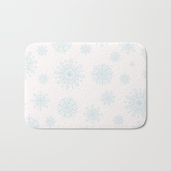Assorted Light Blue Snowflakes On White Background Bath Mat