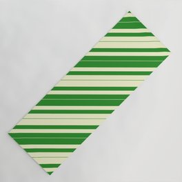 [ Thumbnail: Light Yellow & Forest Green Colored Lined/Striped Pattern Yoga Mat ]