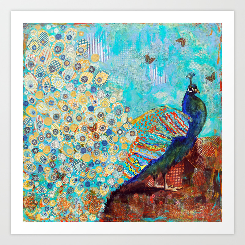 Peacock Paparazzi Peacock Mixed Media Collage Painting Art Print