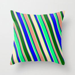 [ Thumbnail: Green, Beige, Dark Salmon, Blue & Dark Green Colored Striped/Lined Pattern Throw Pillow ]