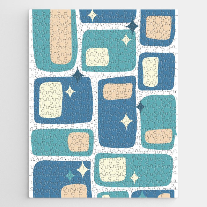 Mid Century Funky Squares and Stars in Celadon Blue, Teal, Light Yellow and Peach Jigsaw Puzzle