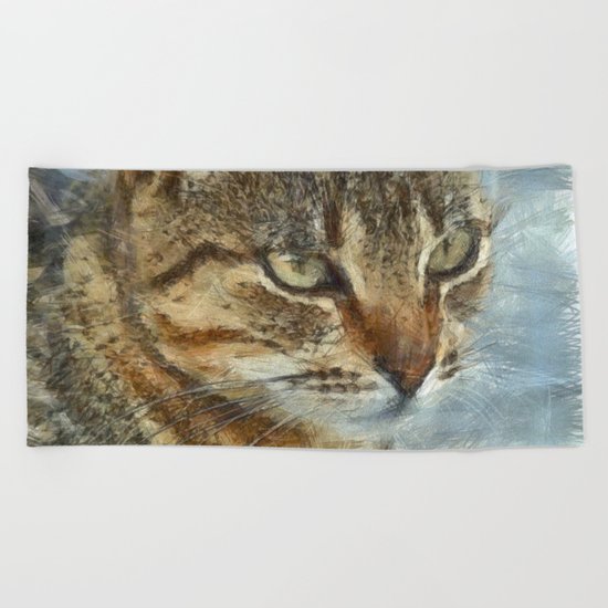 Stunning Tabby Cat Close Up Portrait Beach Towel