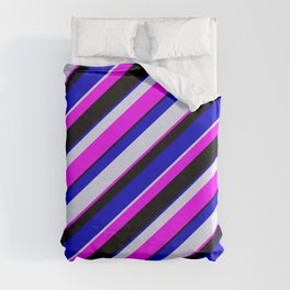 [ Thumbnail: Fuchsia, Black, Blue, and Lavender Colored Pattern of Stripes Duvet Cover ]