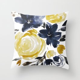 Navy and Yellow Loose Watercolor Floral Bouquet Throw Pillow
