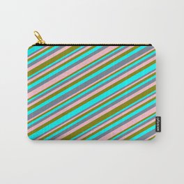 [ Thumbnail: Cyan, Slate Gray, Pink & Green Colored Lines Pattern Carry-All Pouch ]