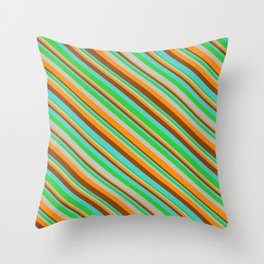 [ Thumbnail: Eye-catching Turquoise, Lime Green, Grey, Dark Orange & Brown Colored Lines/Stripes Pattern Throw Pillow ]