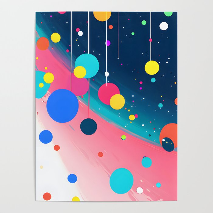 Colorful space, colored dots and circles on a pink and blue background Poster