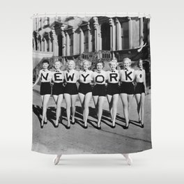 The Girl with New York shirt in a line, lovely girls on the street - mid century vintage photo Shower Curtain