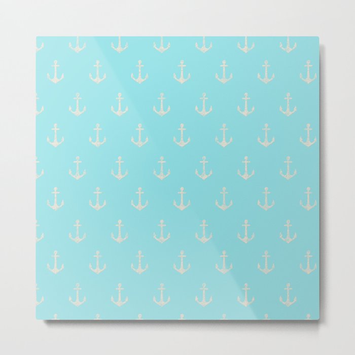 Maritime Teal and White Anchor Pattern Metal Print