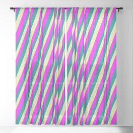 [ Thumbnail: Pale Goldenrod, Fuchsia, and Teal Colored Striped Pattern Sheer Curtain ]