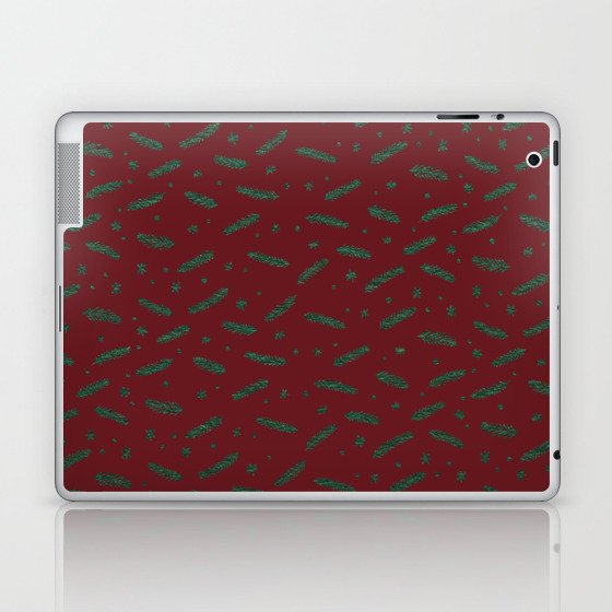 Christmas branches and stars - burgundy and green Laptop & iPad Skin