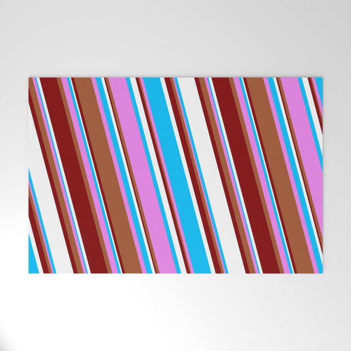 Vibrant Violet, Sienna, Maroon, White, and Deep Sky Blue Colored Stripes Pattern Welcome Mat