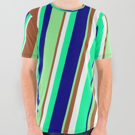 [ Thumbnail: Eye-catching Light Green, Sienna, Mint Cream, Green, and Blue Colored Stripes/Lines Pattern All Over Graphic Tee ]