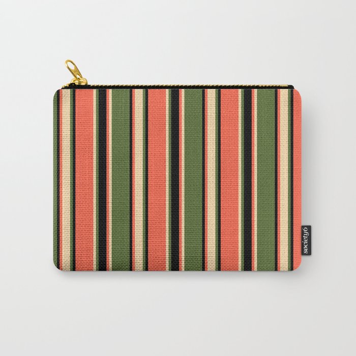 Dark Olive Green, Tan, Red, and Black Colored Striped Pattern Carry-All Pouch