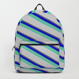 [ Thumbnail: Dim Grey, Blue, Aquamarine & Light Grey Colored Lined/Striped Pattern Backpack ]
