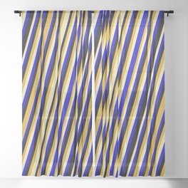 [ Thumbnail: Goldenrod, Pale Goldenrod, Blue & Black Colored Striped Pattern Sheer Curtain ]