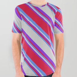 [ Thumbnail: Purple, Crimson, Cornflower Blue, and Light Grey Colored Lined/Striped Pattern All Over Graphic Tee ]