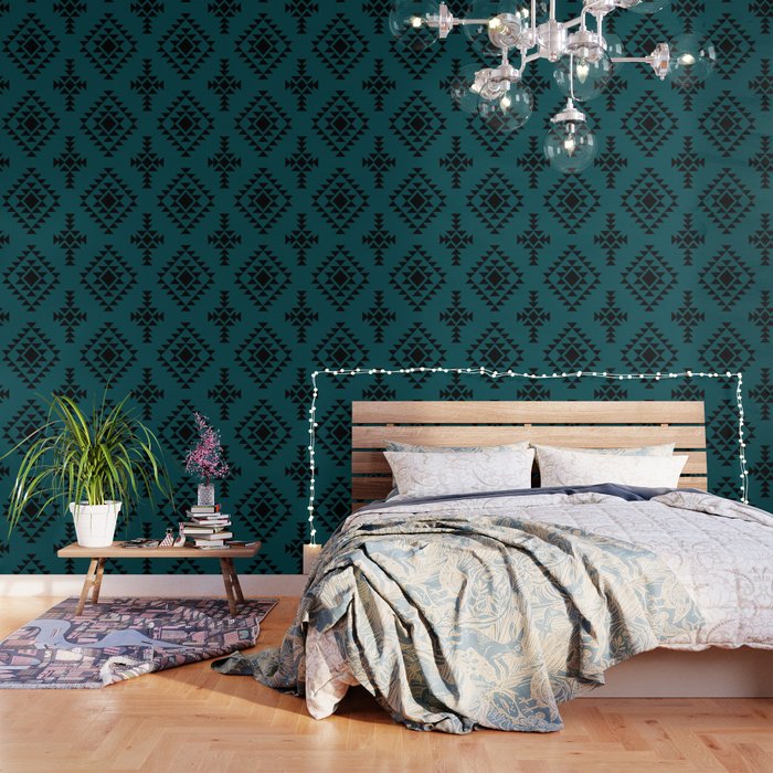 Teal Blue and Black Native American Tribal Pattern Wallpaper