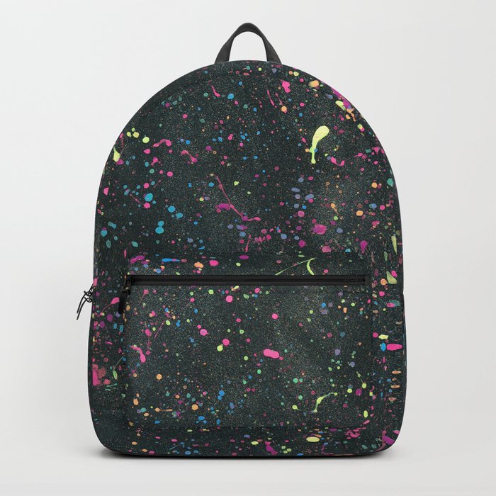Colorful Neon Splatter on Black Sparkly Background Backpack