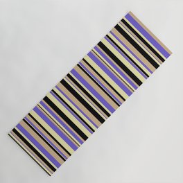 [ Thumbnail: Slate Blue, Pale Goldenrod, Black & Tan Colored Striped/Lined Pattern Yoga Mat ]