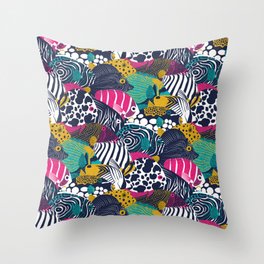 So fish ticated pattern clash // oxford navy blue fuchsia pink red yellow and teal quirky angelfishes and other fishes  Throw Pillow