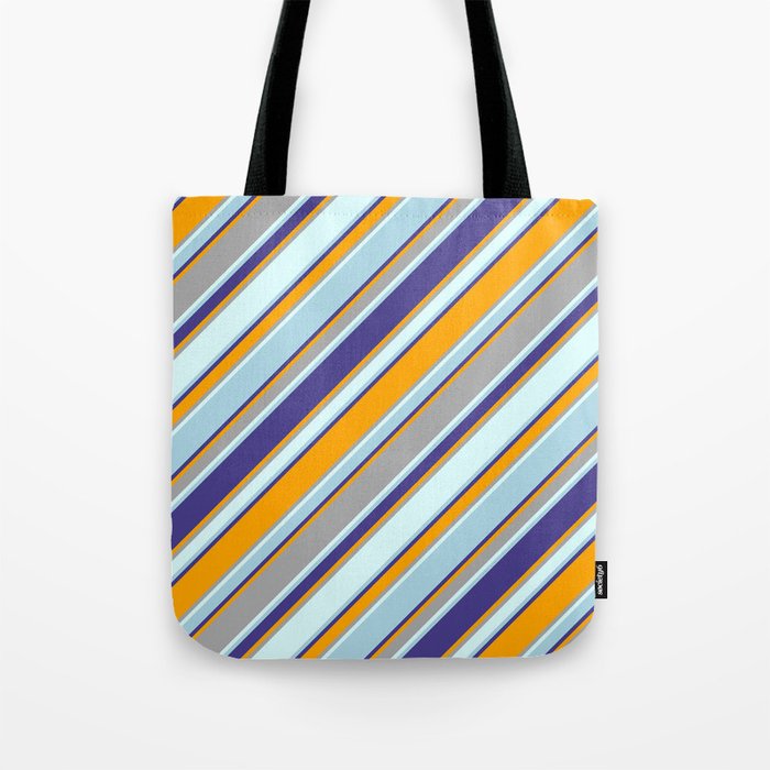 Eyecatching Dark Slate Blue, Orange, Dark Gray, Light Cyan, and Light Blue Colored Stripes Pattern Tote Bag