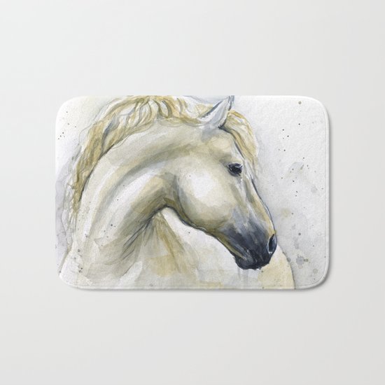 White Horse Watercolor Painting Animal Horses Bath Mat