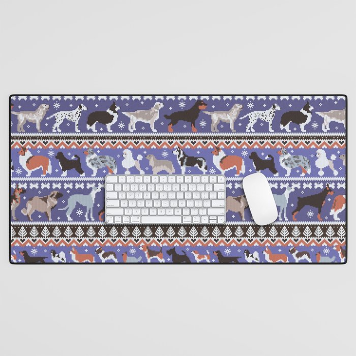 Fluffy and bright fair isle knitting doggie friends // very peri Pantone color of the year 2022 and victoria blue background brown orange white and grey dog breeds  Desk Mat