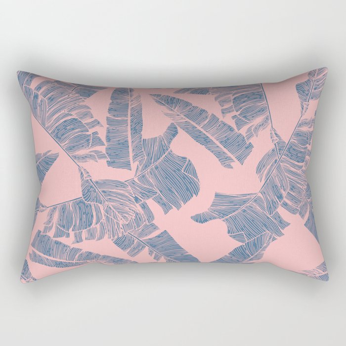 Navy Blue Coral Pink Banana Leaves Pattern Rectangular Pillow