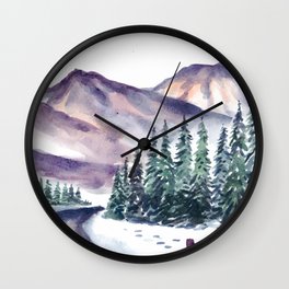Winter Landscape With Mountain And Pine Trees Watercolor Wall Clock