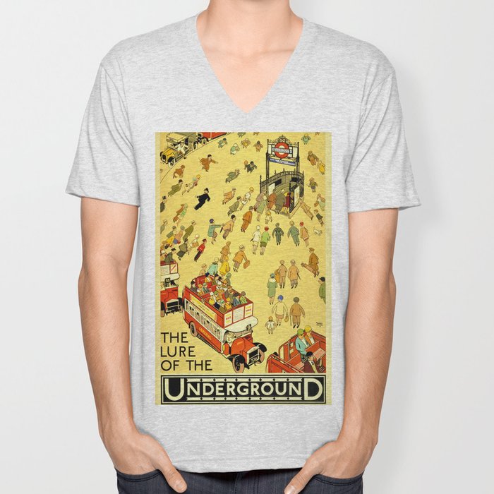 Vintage Lure of the London Underground Subway Travel Advertisement Poster V  Neck T Shirt