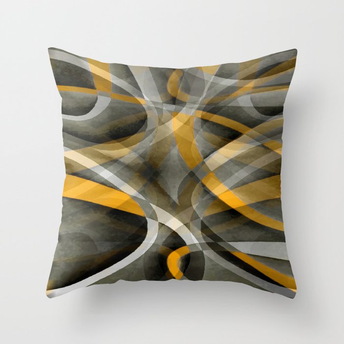Eighties Mustard Yellow On Grey Abstract Curve Pattern Throw Pillow