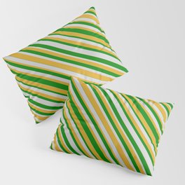 [ Thumbnail: Green, Light Gray, and Goldenrod Colored Striped Pattern Pillow Sham ]