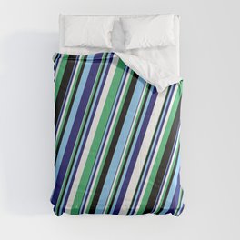 [ Thumbnail: Eyecatching White, Sea Green, Black, Light Sky Blue, and Midnight Blue Colored Stripes Pattern Comforter ]
