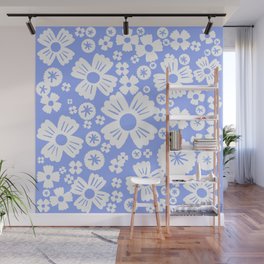 Modern Retro Light Denim Blue and White Daisy Flowers Wall Mural