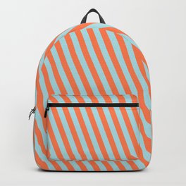 [ Thumbnail: Coral and Powder Blue Colored Lined/Striped Pattern Backpack ]