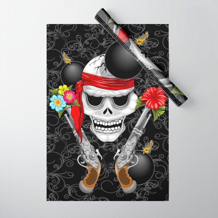 Pirate Skull, Ancient Guns, Flowers and Cannonballs Wrapping Paper