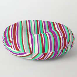 [ Thumbnail: Colorful Dark Gray, Green, Dark Red, Light Yellow, and Purple Colored Lined/Striped Pattern Floor Pillow ]