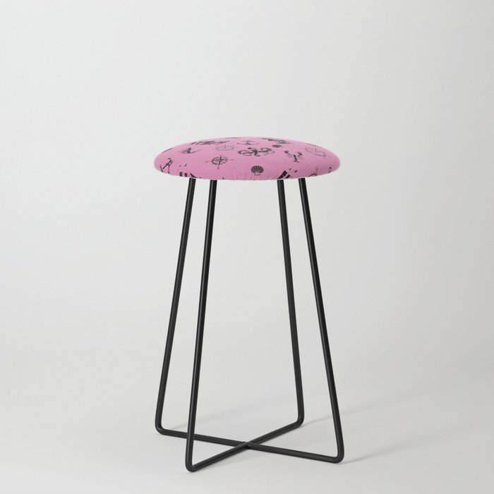 Pink And Black Silhouettes Of Vintage Nautical Pattern Counter Stool