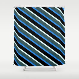 [ Thumbnail: Light Cyan, Dark Slate Gray, Blue & Black Colored Lines Pattern Shower Curtain ]