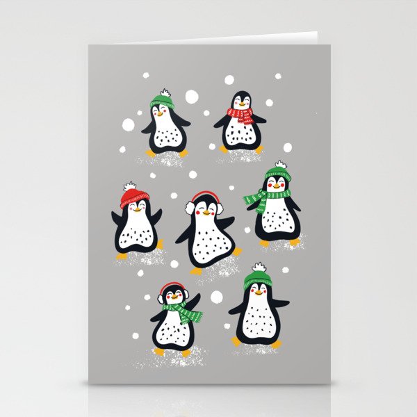Penguin Party, Gray Stationery Cards