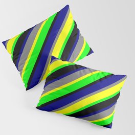 [ Thumbnail: Eye-catching Grey, Yellow, Lime, Black, and Blue Colored Lined/Striped Pattern Pillow Sham ]