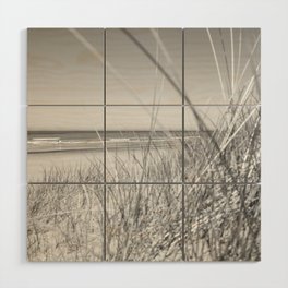 Vintage coastal black and white beach art print - dunegrass and ocean - travel photography Wood Wall Art