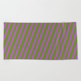 [ Thumbnail: Orchid & Green Colored Lines/Stripes Pattern Beach Towel ]